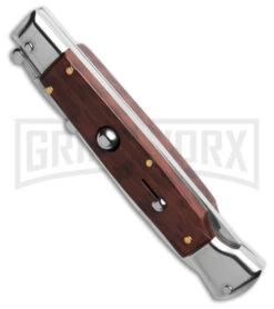 AKC 9" Snakewood Auto Swinguard Knife Italian Stiletto W/ Case - Satin Plain -Grindworx Shop AKC Swinguard 9in Automatic Italian Stiletto Snakewood with Case BHQ 189014 td spine large