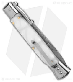 AKC Swinguard 9" Automatic Italian Stiletto White Pearlex (4" Damascus Bayonet) 2 AKC Swinguard 9" Automatic Italian Stiletto White Pearlex (4" Damascus Bayonet) -Grindworx Shop AKC Swinguard 9in Automatic Italian Stiletto White Pearlex 4in Damascus Bayonet BHQ 180890 hd side
