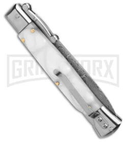 AKC 9" Italian Stiletto Swinguard White Pearlex Automatic Knife - Damascus Plain -Grindworx Shop AKC Swinguard 9in Automatic Italian Stiletto White Pearlex 4in Damascus Bayonet BHQ 180890 hd side large