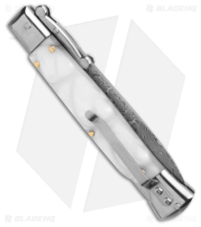 AKC Swinguard 9" Automatic Italian Stiletto White Pearlex (4" Damascus Bayonet) AKC Swinguard 9" Automatic Italian Stiletto White Pearlex (4" Damascus Bayonet) -Grindworx Shop AKC Swinguard 9in Automatic Italian Stiletto White Pearlex 4in Damascus Bayonet BHQ 180890 hd side