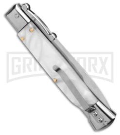 AKC 9" Italian Stiletto Swinguard White Pearlex Automatic Knife - Polish Plain -Grindworx Shop AKC Swinguard 9in Automatic Italian Stiletto White Pearlex 4in Polish Bayonet BHQ 180891 hd side large