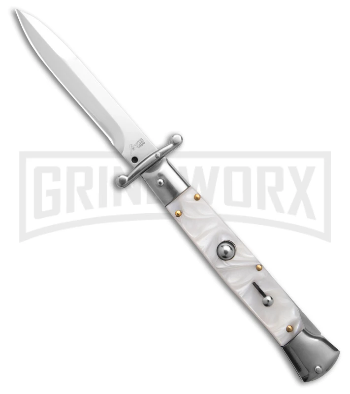AKC 9" Italian Stiletto Swinguard White Pearlex Automatic Knife w/Box - Polish AKC 9" Italian Stiletto Swinguard White Pearlex Automatic Knife W/Box - Polish -Grindworx Shop AKC Swinguard 9in Automatic Italian Stiletto White Pearlex W Box 4in Bayonet BHQ 189013 td large