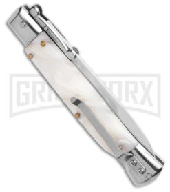 AKC 9" Italian Stiletto Swinguard White Pearlex Automatic Knife W/Box - Polish 2 AKC 9" Italian Stiletto Swinguard White Pearlex Automatic Knife W/Box - Polish -Grindworx Shop AKC Swinguard 9in Automatic Italian Stiletto White Pearlex W Box 4in Bayonet BHQ 189013 td side large