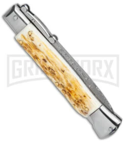 Automatic Italian Style Swinguard 9" Stag - Damascus Bayonet Blade -Grindworx Shop AKC Swinguard 9in Stag Bayo Damascus GX 3647 jr side large