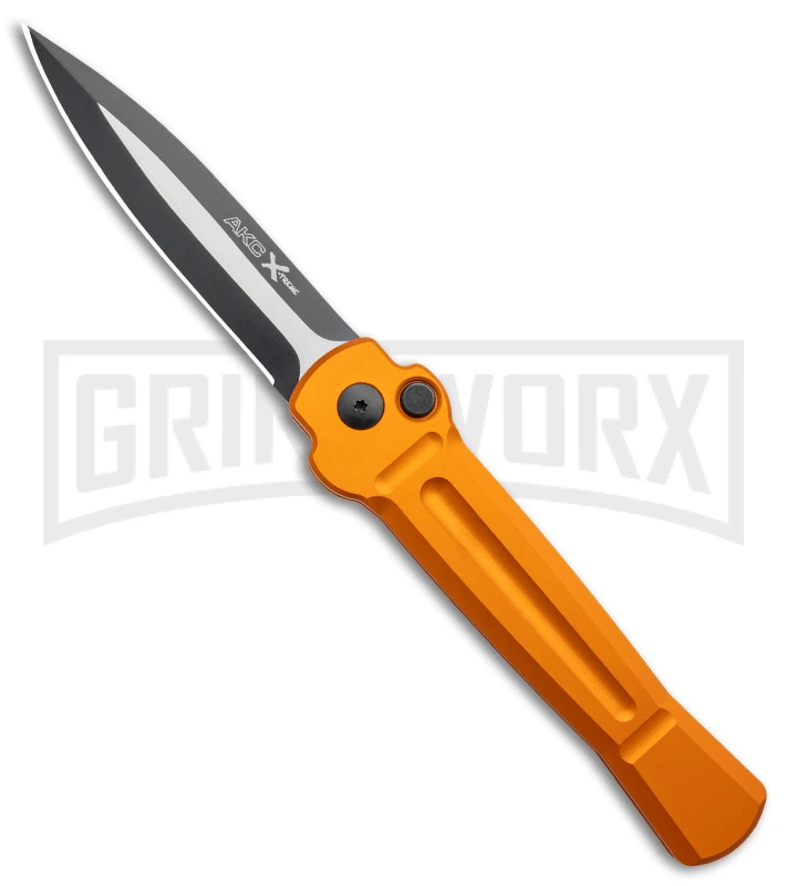 AKC X-treme Ace Orange Automatic Knife - Two Tone Dagger Plain AKC X-treme Ace Orange Automatic Knife - Two Tone Dagger Plain -Grindworx Shop AKC X treme Ace Auto Orange TT BHQ 143389 jr large