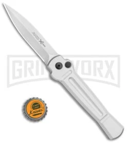 AKC X-treme Ace Silver Automatic Knife - Satin Plain -Grindworx Shop AKC X treme Ace Auto Silver Satin BHQ 113920 jr bottlecap large