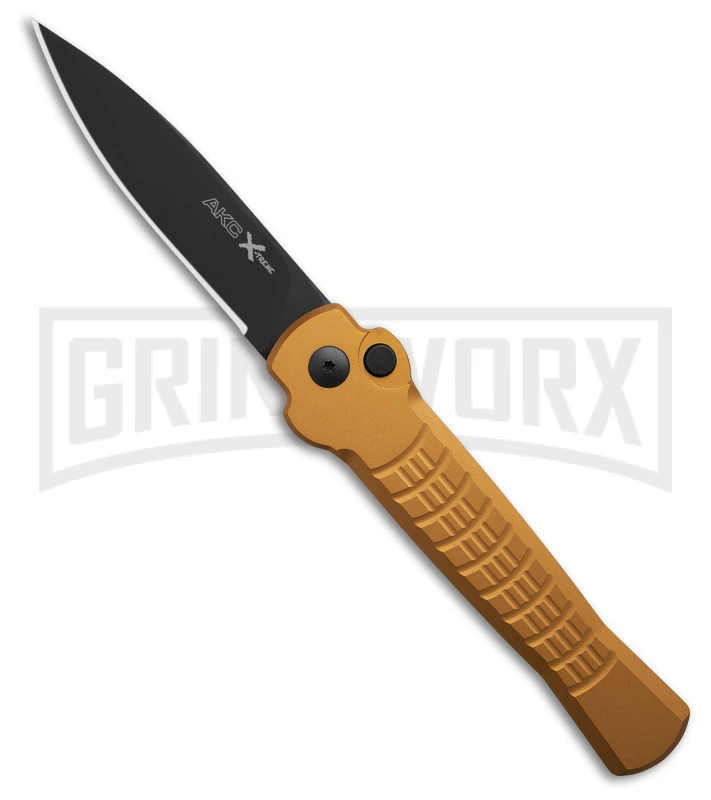 AKC X-treme Ace1 Gold Aluminum Automatic Knife - Black Plain AKC X-treme Ace1 Gold Aluminum Automatic Knife - Black Plain -Grindworx Shop AKC X treme Ace Automatic Knife Gold 3in Black BHQ 189017 td large