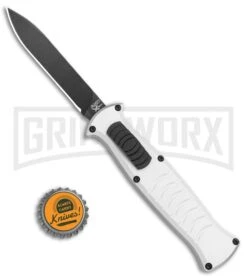 AKC X-treme EVO Silver OTF Automatic Knife - Black Plain -Grindworx Shop AKC X treme EVO OTF Auto Silver Black BHQ 114658 jr bottlecap large