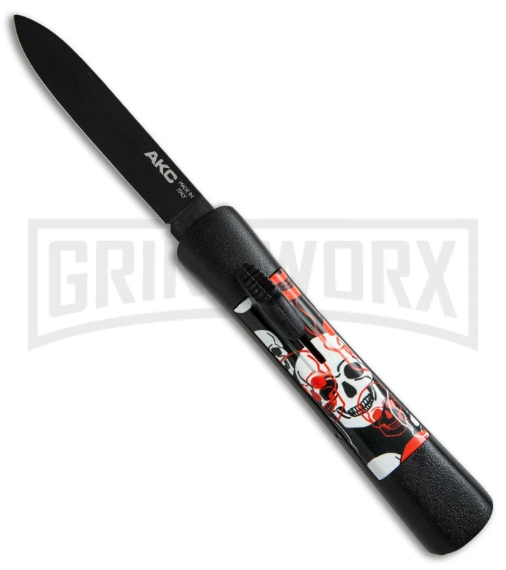 AKC Concord Red/White Skull OTF Automatic Knife - Flat Grind Black Flat AKC Concord Red/White Skull OTF Automatic Knife - Flat Grind Black Flat -Grindworx Shop AKC concord red white skull black BP 19138 er large