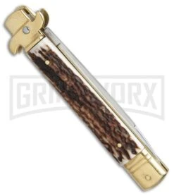 AKC 9" Leverletto Stag Horn Brass Automatic Knife - Flat Grind -Grindworx Shop AKC leverletto stag horn brass flat BP 18946 er side large