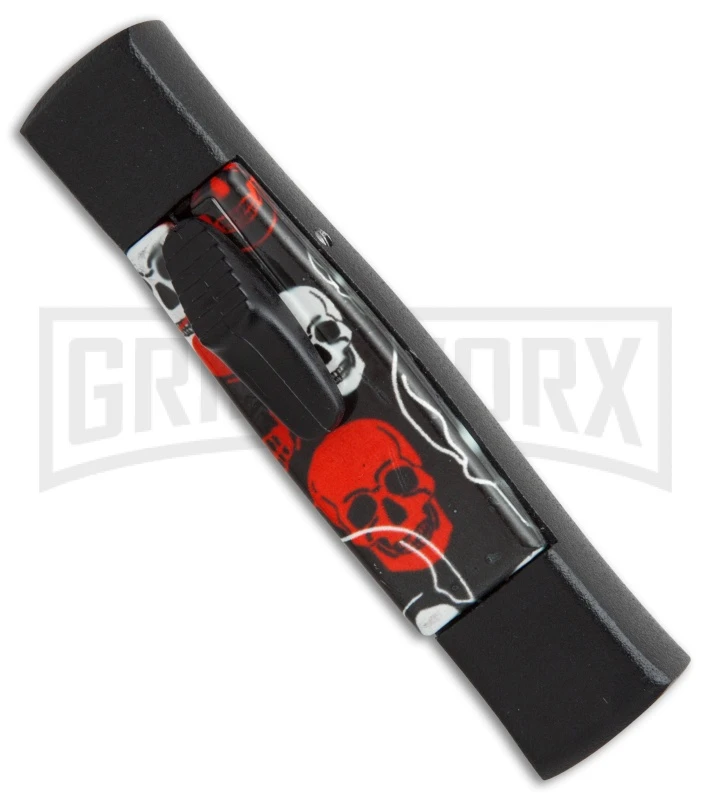 AKC Minion Concord Red/White Skull OTF Automatic Knife - Black Flat AKC Minion Concord Red/White Skull OTF Automatic Knife - Black Flat -Grindworx Shop AKC minion concord red white skull black flat BP 19001 er side large