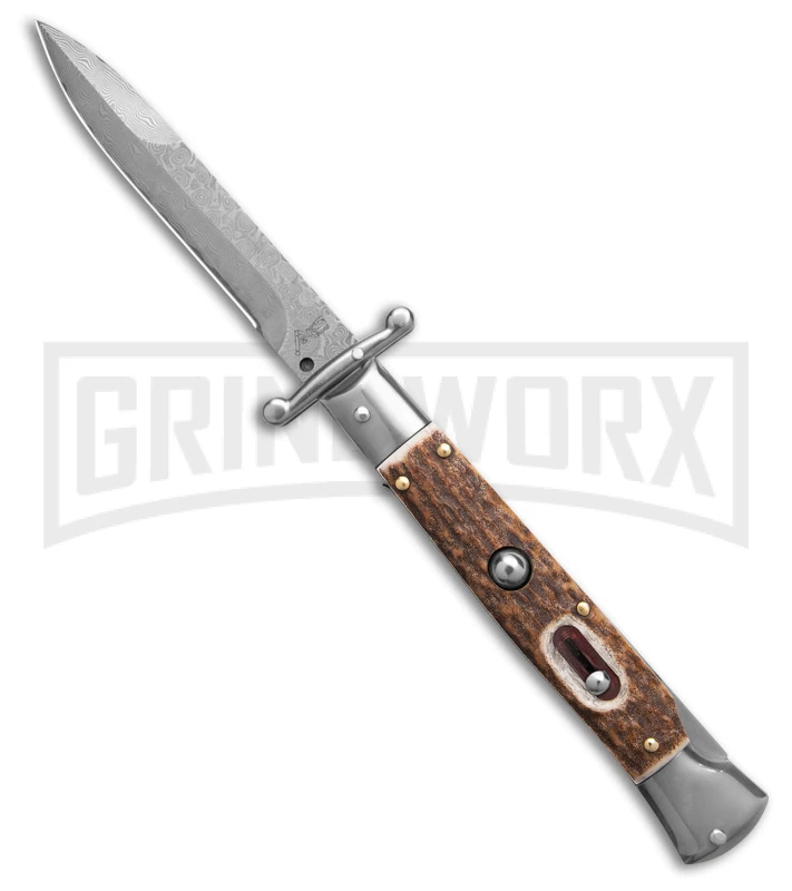 Automatic Italian Style Swinguard 9" Stag w/Clip - Damascus Bayonet Blade Automatic Italian Style Swinguard 9" Stag W/Clip - Damascus Bayonet Blade -Grindworx Shop Italian Style Stiletto Swinguard Automatic Knife Stag Horn w clip 4in Damascus BHQ 188209 td large
