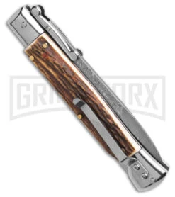 Automatic Italian Style Swinguard 9" Stag W/Clip - Damascus Bayonet Blade 2 Automatic Italian Style Swinguard 9" Stag W/Clip - Damascus Bayonet Blade -Grindworx Shop Italian Style Stiletto Swinguard Automatic Knife Stag Horn w clip 4in Damascus BHQ 188209 td side large