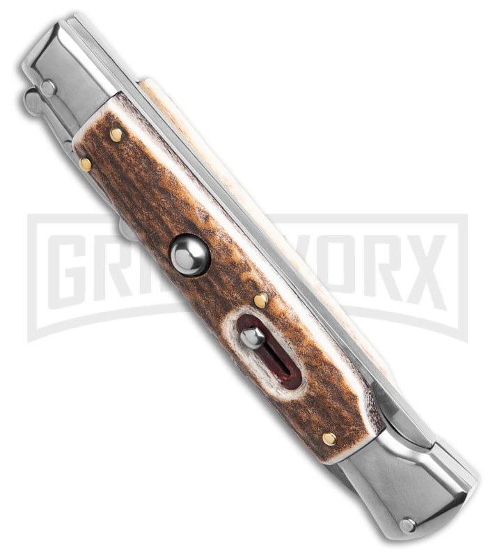 Automatic Italian Style Swinguard 9" Stag w/Clip - Damascus Bayonet Blade Automatic Italian Style Swinguard 9" Stag W/Clip - Damascus Bayonet Blade -Grindworx Shop Italian Style Stiletto Swinguard Automatic Knife Stag Horn w clip 4in Damascus BHQ 188209 td spine large