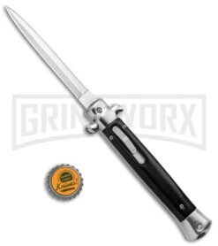 Mago 11" Black Ebony Italian Stiletto OTF Automatic Knife Dagger - Satin Plain -Grindworx Shop Mago 11in Black Ebony Italian Stiletto OTF Auto Satin Dagger GX 38000 jr bottlecap large