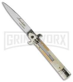 AKC 7.75" Bill DeShivs Leverletto Honey Horn Automatic Knife - Flat Grind
