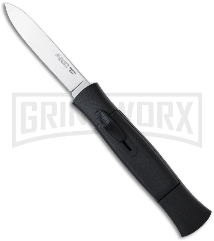 AKC 077 Concord Black OTF Automatic Knife - Flat Grind Satin Plain AKC 077 Concord Black OTF Automatic Knife - Flat Grind Satin Plain -Grindworx Shop akc 770 black silver flat large