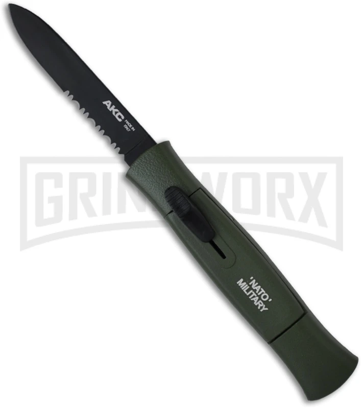 AKC 077 Concord NATO Military Green OTF Automatic Knife - Flat Grind Black Serr AKC 077 Concord NATO Military Green OTF Automatic Knife - Flat Grind Black Serr -Grindworx Shop akc 770 nato green black flat serr large