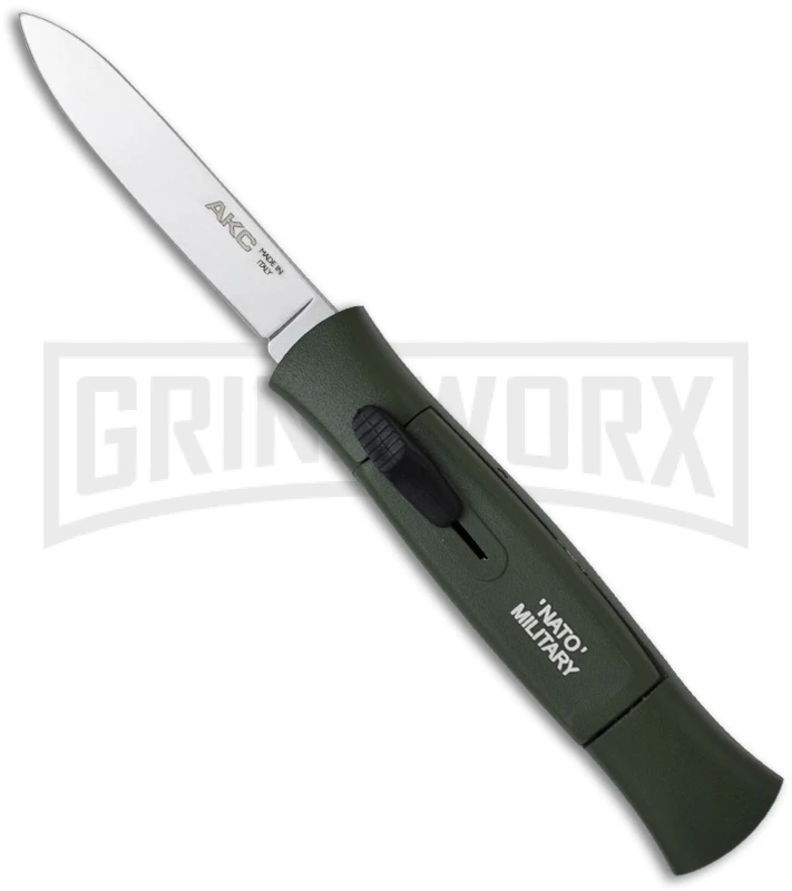AKC Concord NATO Military Green OTF Automatic Knife - Flat Grind Satin Plain AKC Concord NATO Military Green OTF Automatic Knife - Flat Grind Satin Plain -Grindworx Shop akc 770 nato green silver flat large