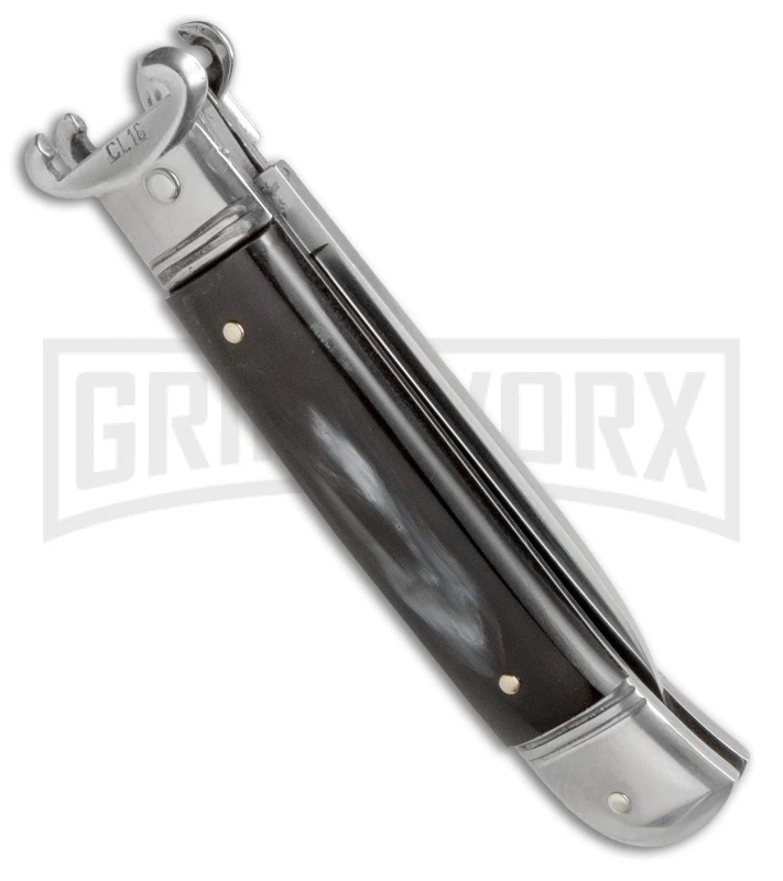 AKC 8" Shot Puller Lever Lock Dark Horn Automatic Knife - Flat AKC 8" Shot Puller Lever Lock Dark Horn Automatic Knife - Flat -Grindworx Shop akc 8 dh shot plain side jm large