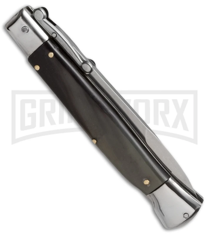 AKC 9" Italian Stiletto Swinguard Brazilian Horn Automatic Knife - Bayonet AKC 9" Italian Stiletto Swinguard Brazilian Horn Automatic Knife - Bayonet -Grindworx Shop akc 9 brazil horn bayo swing side large