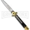 AKC 7.75" Bill DeShivs Leverletto Dark Horn Automatic Knife - Flat Grind -Grindworx Shop akc 9in leverletto dark horn brass large