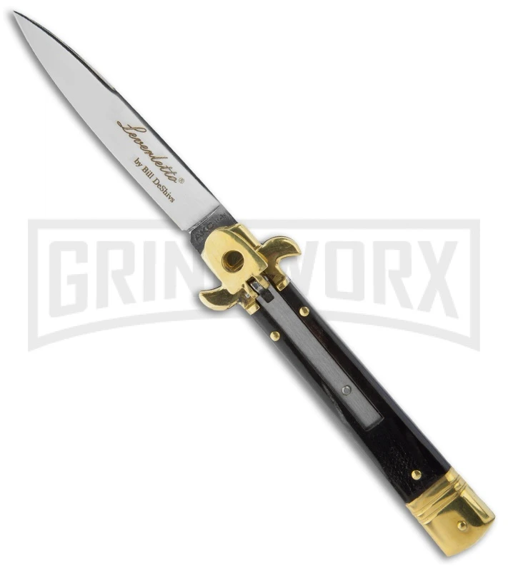AKC 7.75" Bill DeShivs Leverletto Dark Horn Automatic Knife - Flat Grind AKC 7.75" Bill DeShivs Leverletto Dark Horn Automatic Knife - Flat Grind -Grindworx Shop akc 9in leverletto dark horn brass large