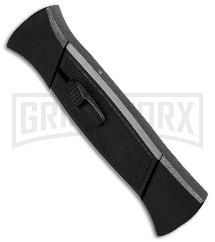 AKC 777 Blackfinger Black OTF Automatic Knife - Flat Grind Satin Plain AKC 777 Blackfinger Black OTF Automatic Knife - Flat Grind Satin Plain -Grindworx Shop akc blackfinger black satin side large