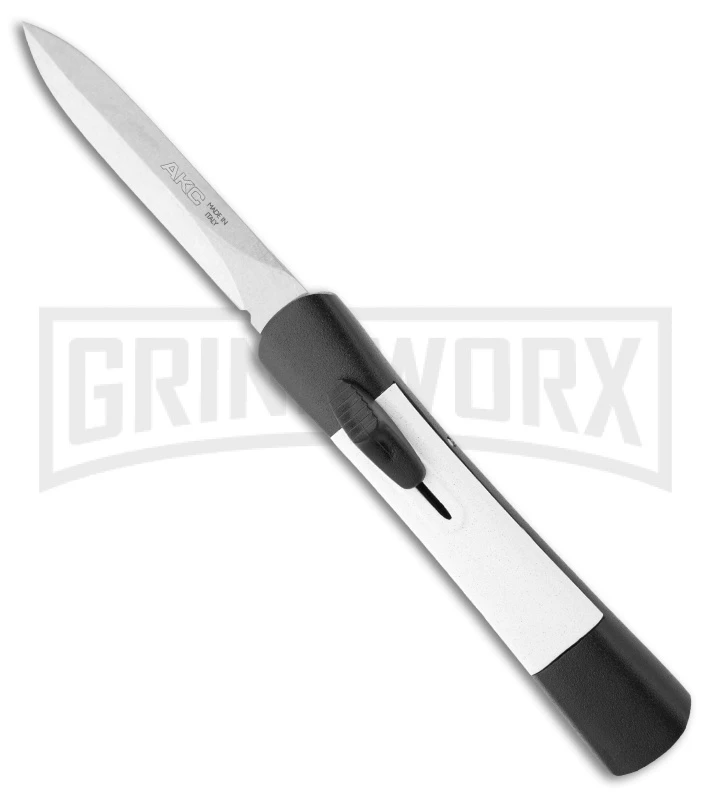 AKC Concord Black/White OTF Automatic Knife - Dagger Satin Plain AKC Concord Black/White OTF Automatic Knife - Dagger Satin Plain -Grindworx Shop akc concord otf bk w white inserts sati large