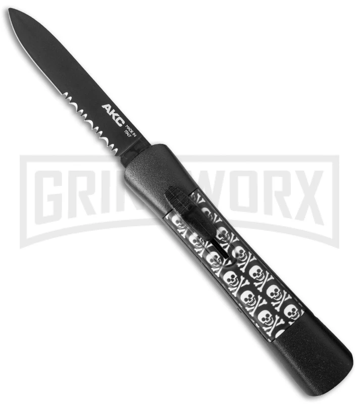 AKC Concord Jolly Roger OTF Automatic Knife - Flat Serr AKC Concord Jolly Roger OTF Automatic Knife - Flat Serr -Grindworx Shop akc concord skull flat serr cm large