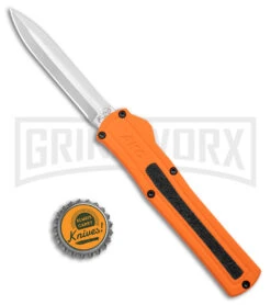 AKC F-20 Orange D/A OTF Dagger Automatic Knife - Satin Plain -Grindworx Shop akc f 20 da otf auto black Orange aluminum Satin dagger BHQ 177350 jr bottlecap large