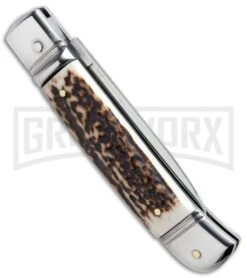AKC 8" Italian Stiletto Lever Lock Stag Horn Automatic Knife - Flat Grind -Grindworx Shop akc lever lock stag side large