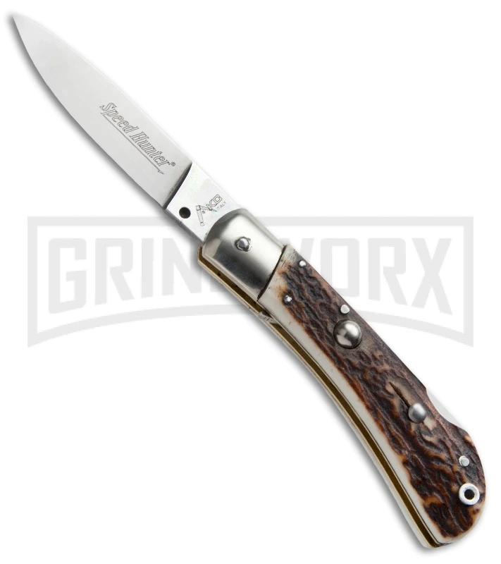 AKC Speed Hunter Stag Horn Automatic Knife - Polish Plain AKC Speed Hunter Stag Horn Automatic Knife - Polish Plain -Grindworx Shop akc speed hunter stag horn polish large