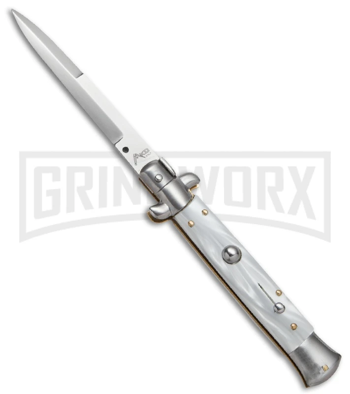 AKC 9" Italian Stiletto White Pearlex Automatic Knife - Bayonet AKC 9" Italian Stiletto White Pearlex Automatic Knife - Bayonet -Grindworx Shop akc stilletos 9in white bayo akc large