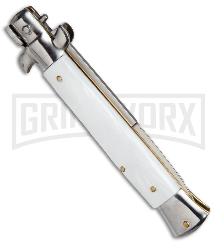 AKC 9" Italian Stiletto White Pearlex Automatic Knife - Bayonet AKC 9" Italian Stiletto White Pearlex Automatic Knife - Bayonet -Grindworx Shop akc stilletos 9in white bayo akc side large