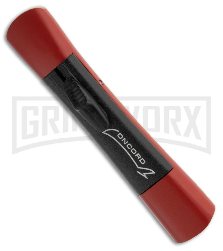 AKC Concord Red/Black OTF Automatic Knife - Dagger Satin Plain AKC Concord Red/Black OTF Automatic Knife - Dagger Satin Plain -Grindworx Shop concord red black inserts satin dagger otf side large