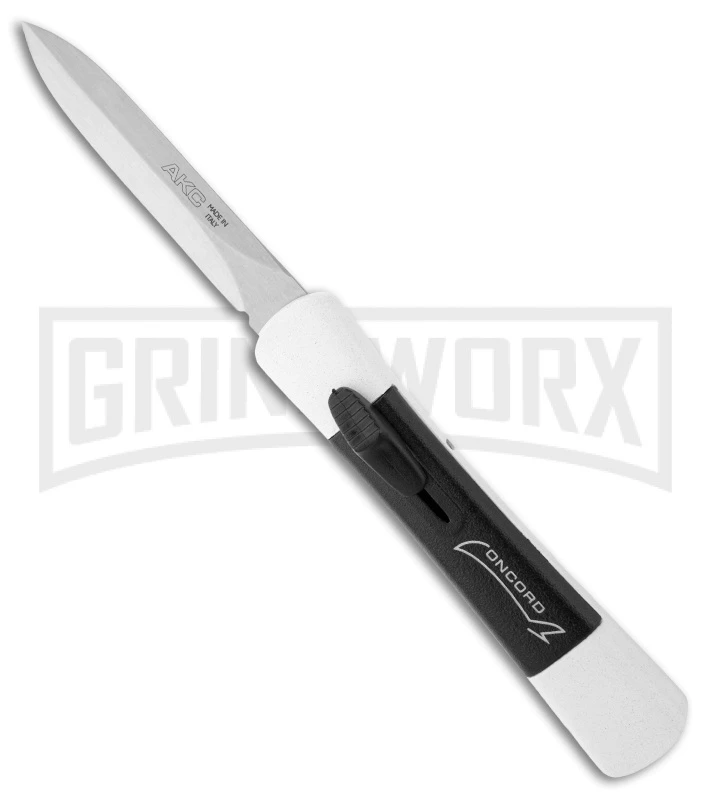 AKC Concord White/Black OTF Automatic Knife - Dagger Satin Plain AKC Concord White/Black OTF Automatic Knife - Dagger Satin Plain -Grindworx Shop concord white w black insert satin otf large