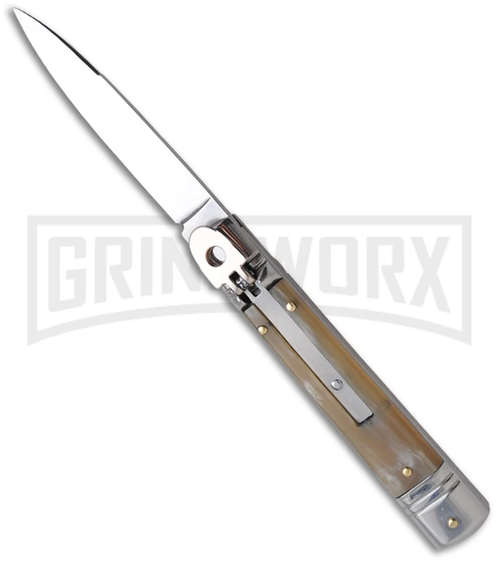 AKC 7.75" Slimline Lever Lock Honey Horn Automatic Knife - Bayonet AKC 7.75" Slimline Lever Lock Honey Horn Automatic Knife - Bayonet -Grindworx Shop skm 7 75in slimline lever love honey horn large